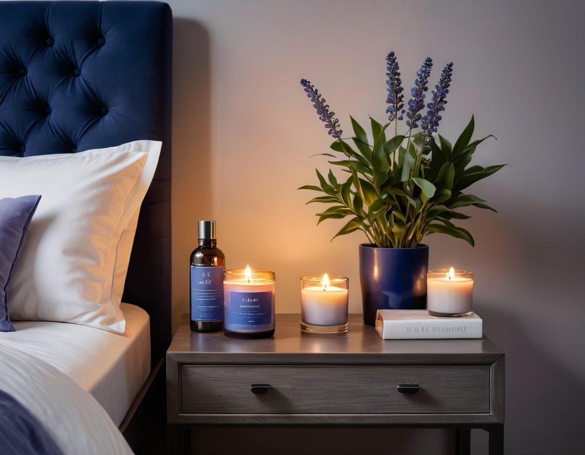 A serene and inviting setting featuring a softly lit bedroom with tasteful decor, including candles and plants. A central focus on a stylish nightstand holding various intimate wellness products, symbolizing male performance and intimacy. Gentle hues of blue and lavender to evoke tranquility, along with subtle silhouettes of couples communicating. A soft light glimmering in the background to enhance the atmosphere of exploration and connection. super-realistic. warm tones. elegant design.