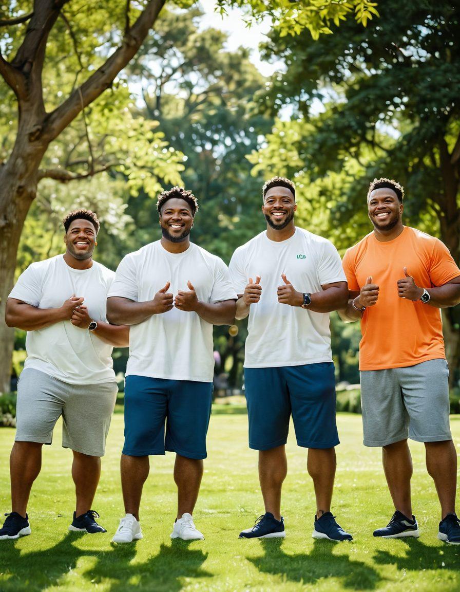 A diverse group of confident men of varying body sizes and shapes, celebrating their individuality in a vibrant outdoor setting. They are engaging in activities like exercising, laughing, and sharing stories, embodying a sense of brotherhood and acceptance. The background features a sunlit park with lush greenery, symbolizing growth and wellness. Focus on facial expressions that convey joy and empowerment. super-realistic. vibrant colors. natural light.